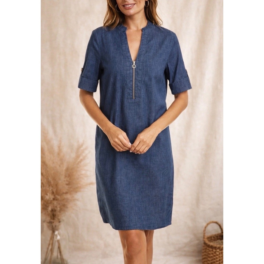 (A8) Anne Klein Womens Blue Denim Quarter Zip Shift Dress 10 Short Sleeve Class